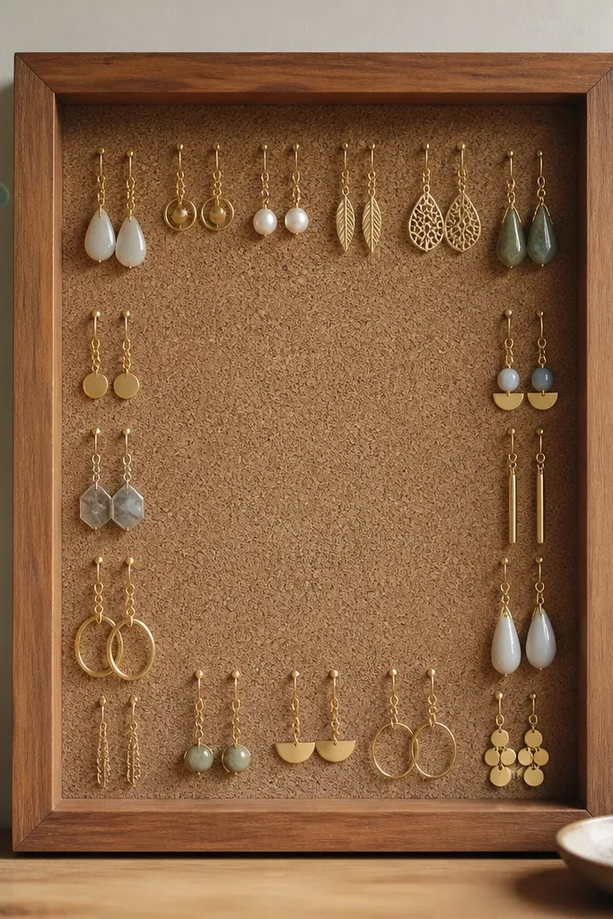 A wooden picture frame turned into a shallow shadowbox. Inside is a cork sheet with small gold hooks, and earrings hang in a tidy arc around the edges.