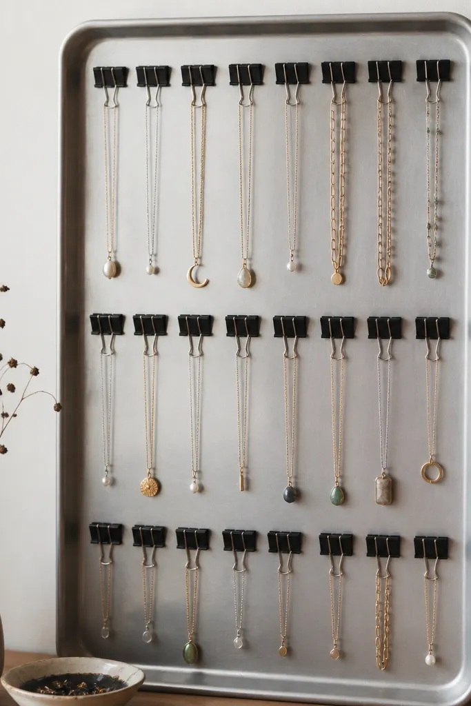A silver cookie sheet hung vertically. Rows of black binder clips hold necklaces, with each clip gripping a different chain.