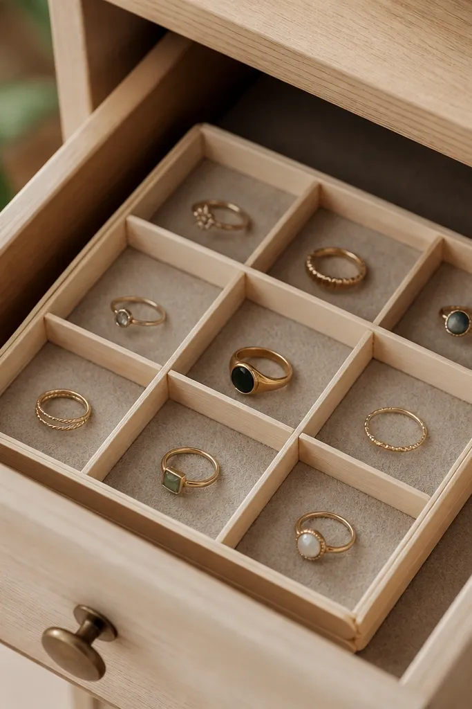 A small shallow wooden tray inside a drawer. Dividers made from popsicle sticks form compartments, and rings sit in separate sections with a felt liner.