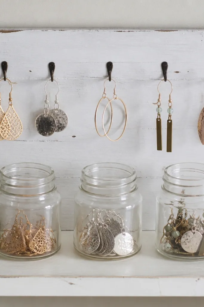 Three small mason jars sit in a row on a painted wooden board. Earrings hang on hooks above the jars, and the jars hold extra pairs.