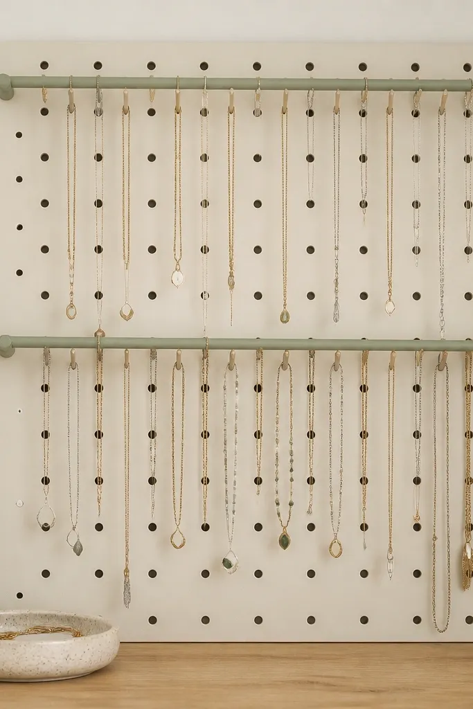 A pegboard panel with two horizontal painted dowels across it. Necklaces hang from hooks spaced evenly along the dowels.