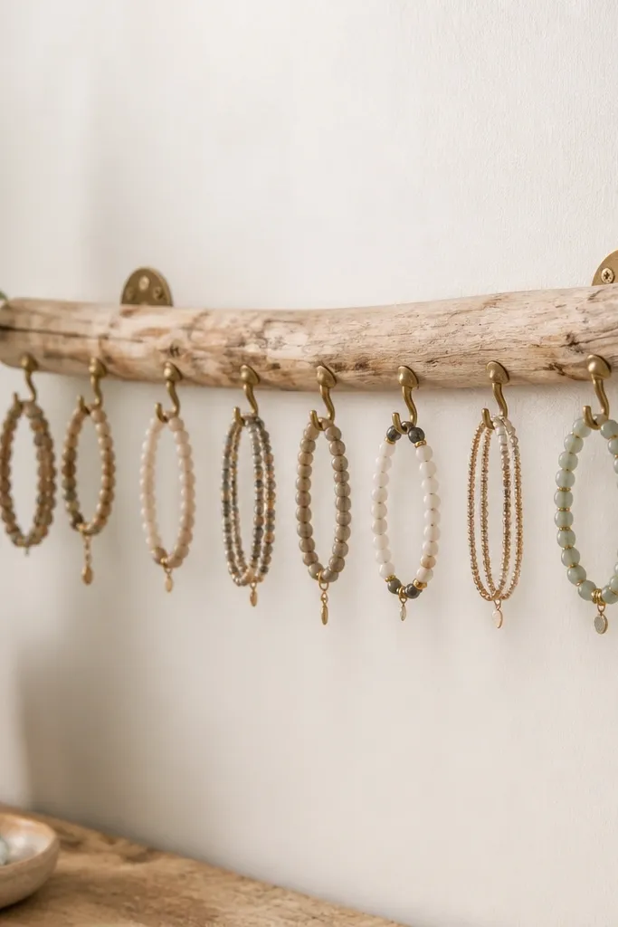 A rough branch mounted to a wall with multiple small hooks. Bracelets hang from each hook, and the branch has a light sanding finish.