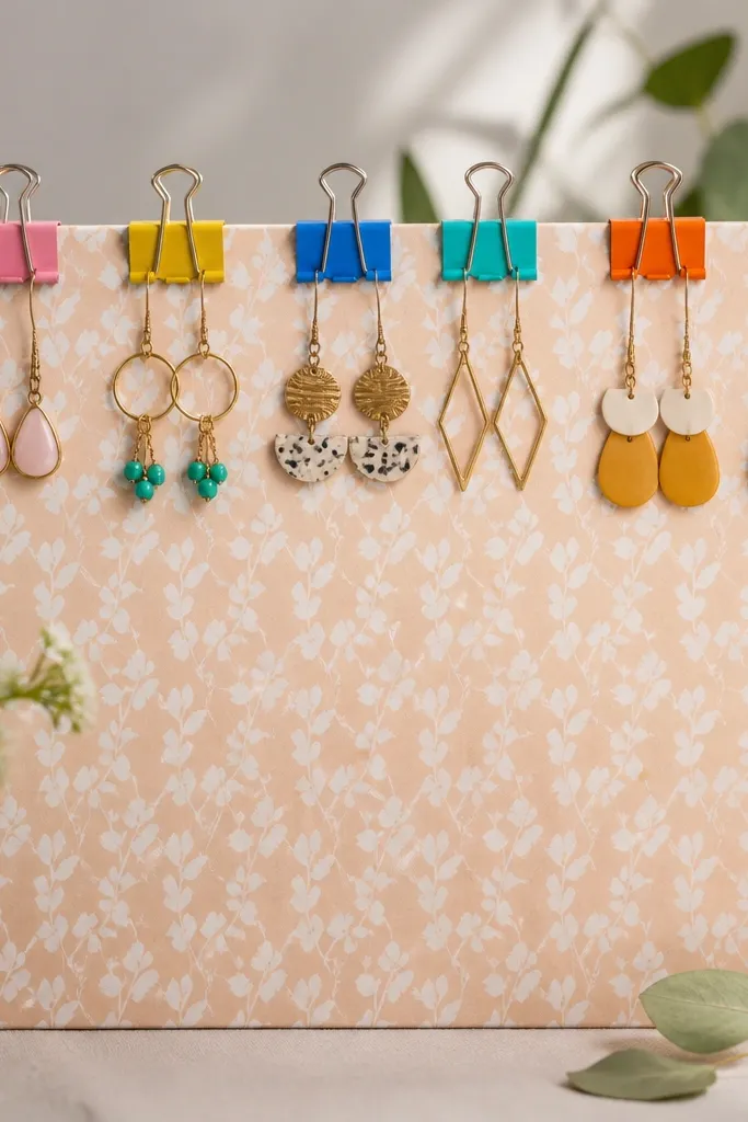 A stiff cardboard backing covered with patterned paper. Binder clips in bright colors line the top, each holding a pair of earrings.