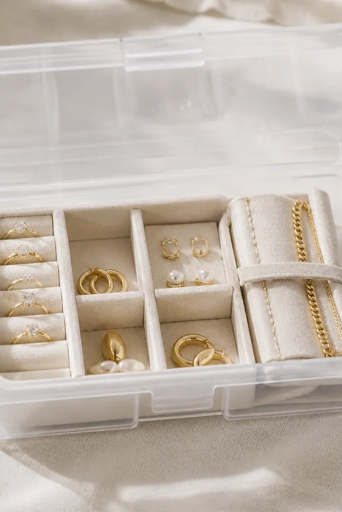 A clear plastic shoebox with a snap lid. Inside are small fabric-lined compartments holding rings, earrings, and a folded chain wrap.