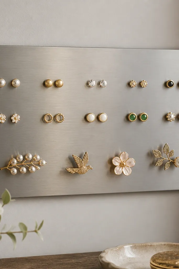 A brushed metal magnetic strip mounted on a wall. Small pairs of earrings with magnetic backs stick in rows, and a few brooches rest on the bottom.