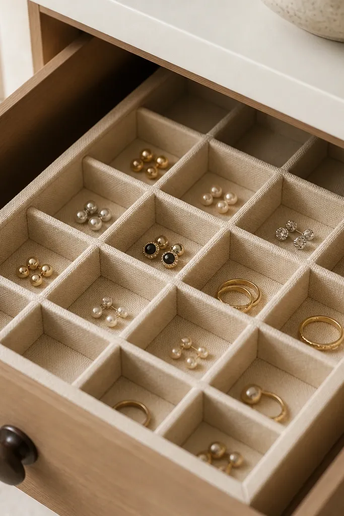A drawer insert made from thick cereal box cardboard covered in beige fabric. Dividers form small squares for studs and rings.