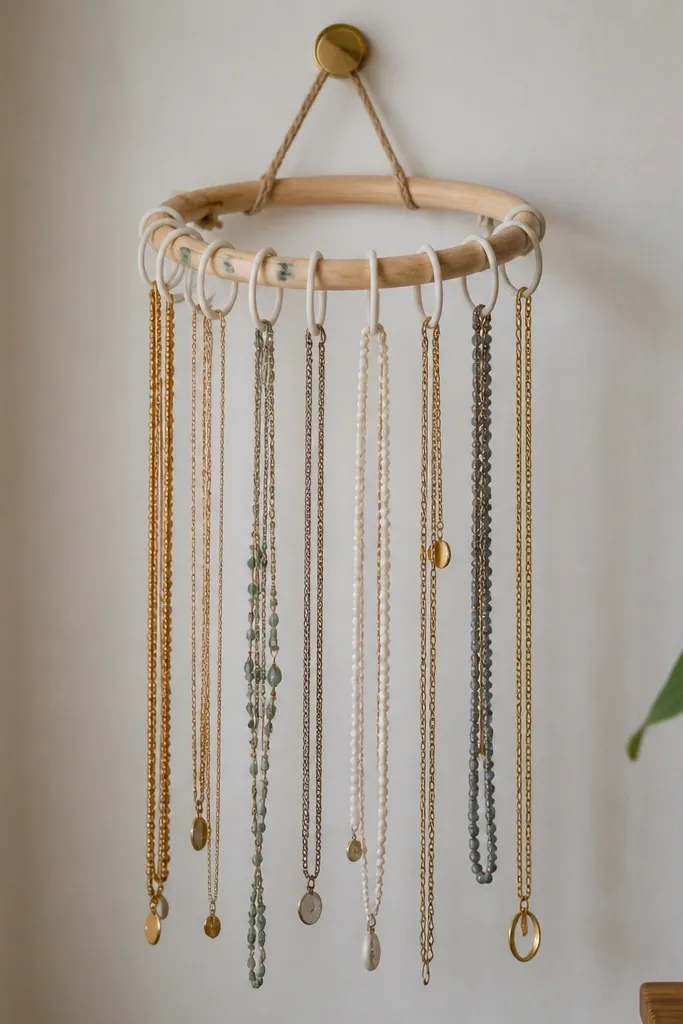 A small hoop of dowel with several plastic shower curtain rings attached. Necklaces drape through each ring, and the whole stand hangs from a wall hook.