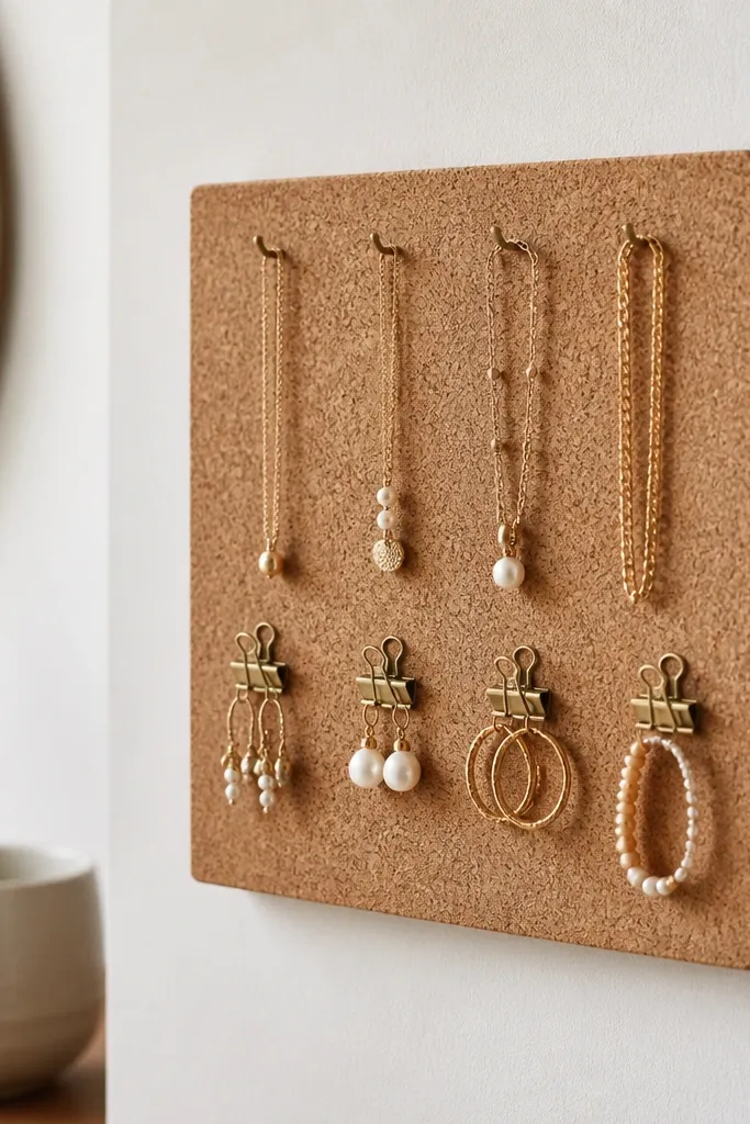 A small cork board piece mounted on a wall. Mini photo clips hold earrings and tiny bracelets, and a few necklaces hang from hooks above.