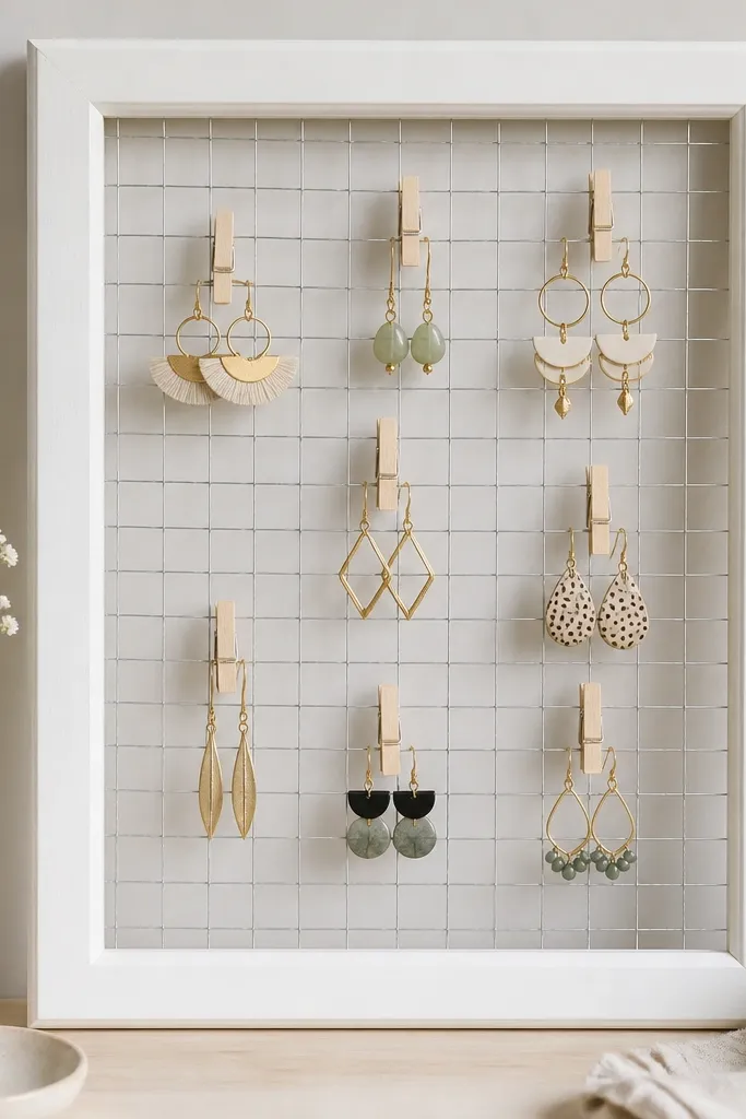 A white picture frame with a stretched wire mesh insert. Earrings hang from small clothespins clipped to the mesh.