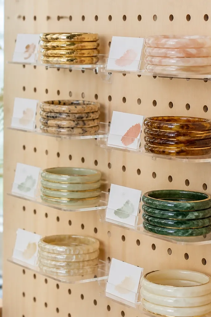 A pegboard with small acrylic shelf platforms attached. Bangles are stacked on each shelf, and labels sit in small clear sleeves.