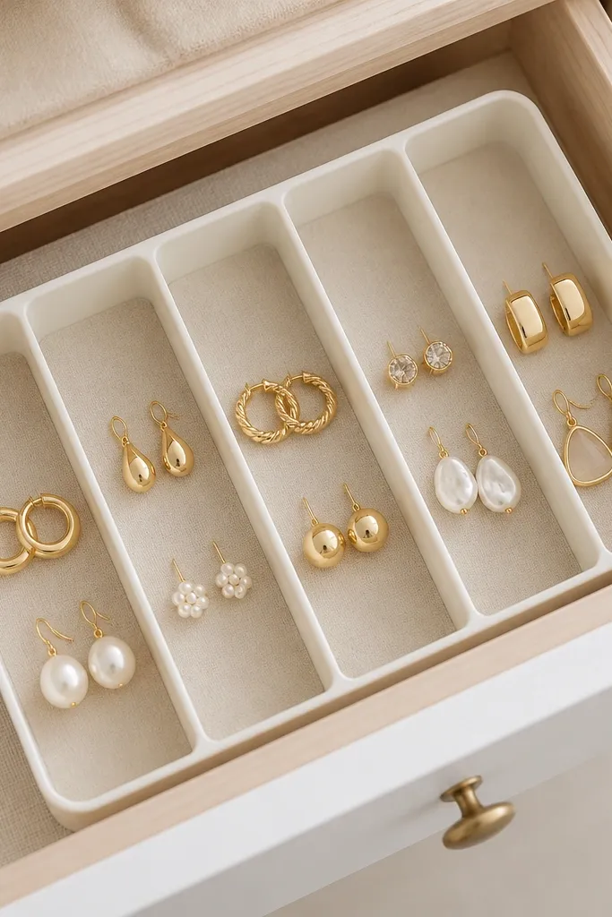 A small plastic utensil organizer placed inside a drawer. Each slot holds a pair of earrings, with a thin fabric liner on the bottom.
