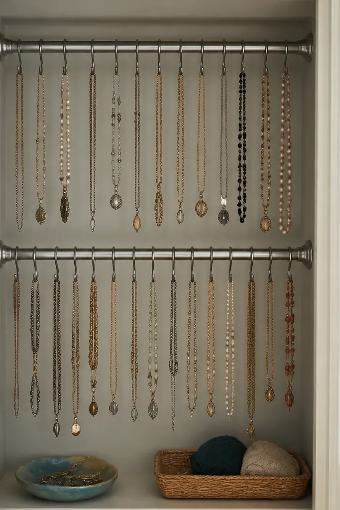 Two tension rods installed inside a closet. Shower hooks hang from the rods, and necklaces drape down each hook.