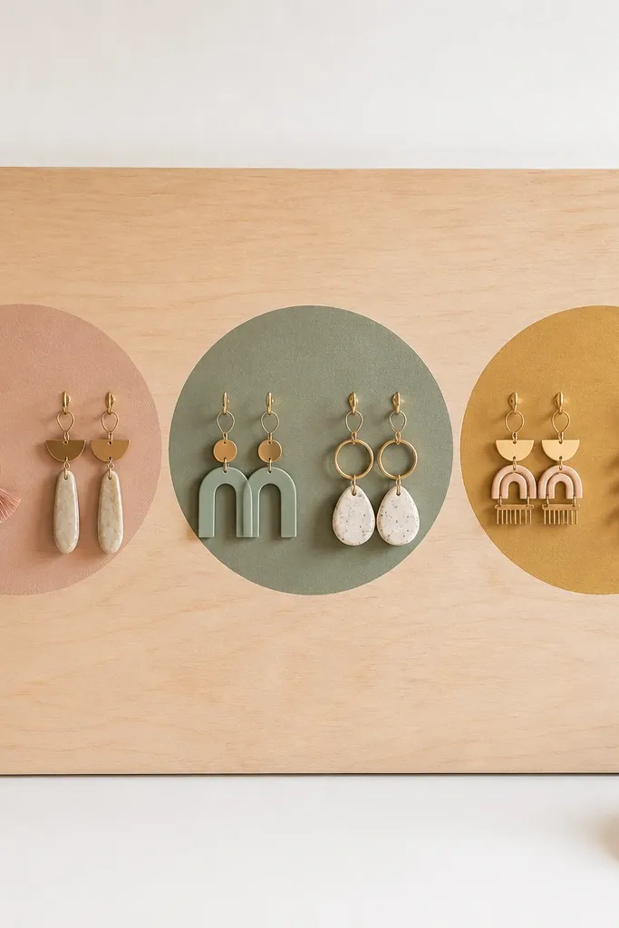 A flat wooden board painted with three big circles. Small hooks sit in each circle, and earrings hang like ornaments.