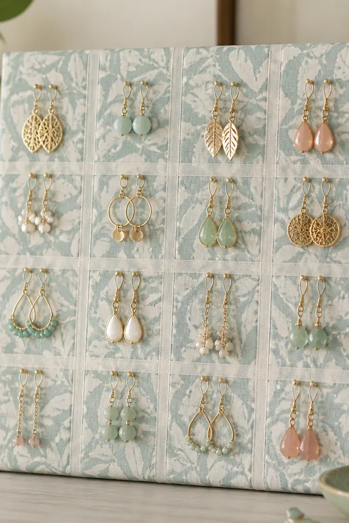 A small board wrapped in patterned fabric. Clear tape strips form a grid, and lightweight earrings hang from straight pins.