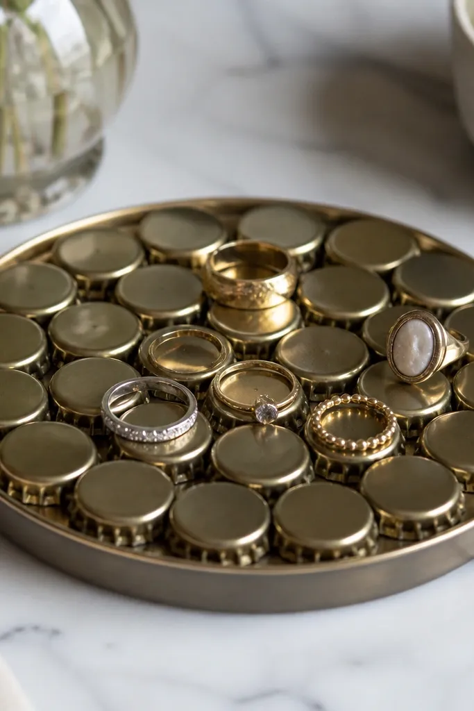 A small tray covered in metallic bottle caps. Each bottle cap has a tiny magnet under it, and rings sit neatly on the top surface.