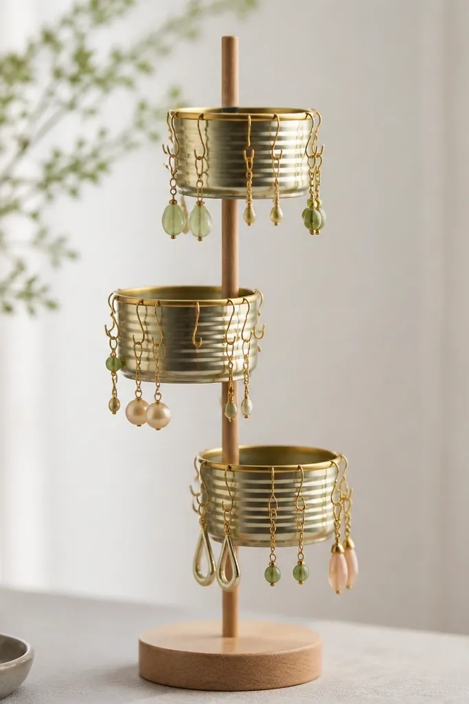Three small tin cans mounted at different heights on a vertical dowel. Earrings hang from hooks arranged like a mini chandelier.