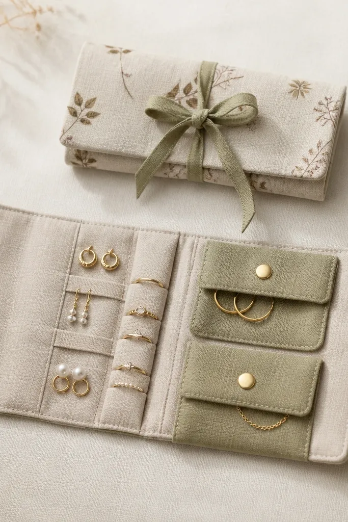 A folded fabric jewelry roll tied with a ribbon. Inside are snap pockets and small elastic loops holding rings and earrings.