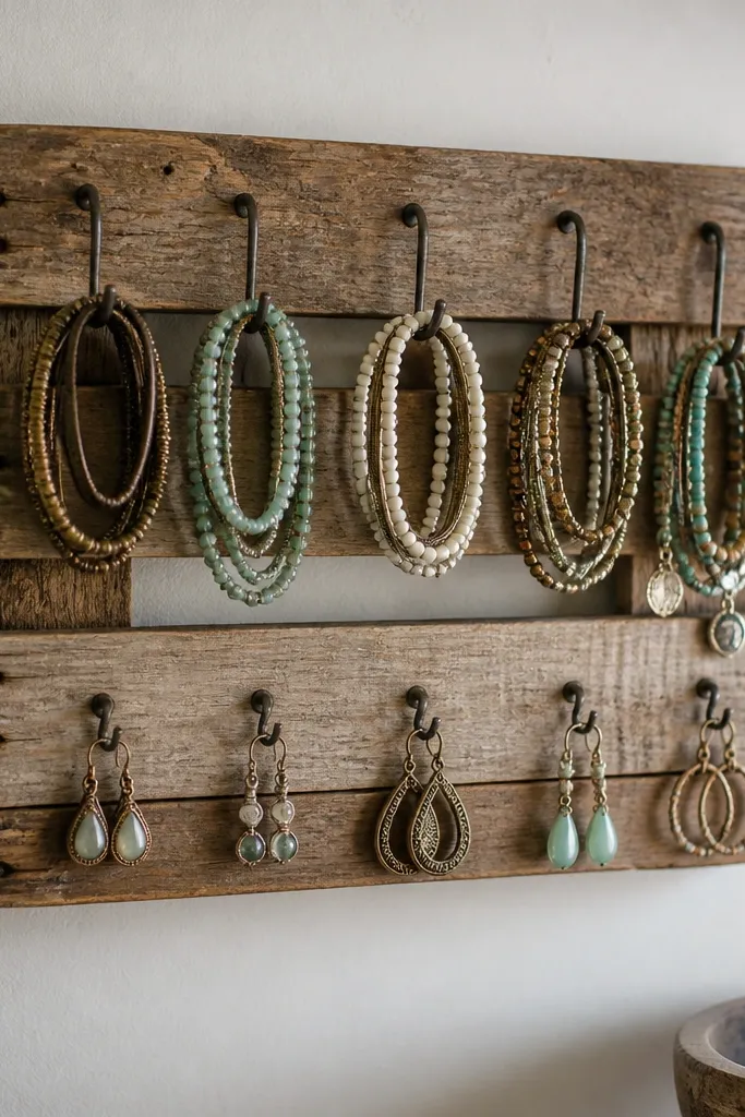 A small reclaimed wood pallet board mounted on the wall. Metal wire loops hold bracelets, and smaller hooks hold earrings below.