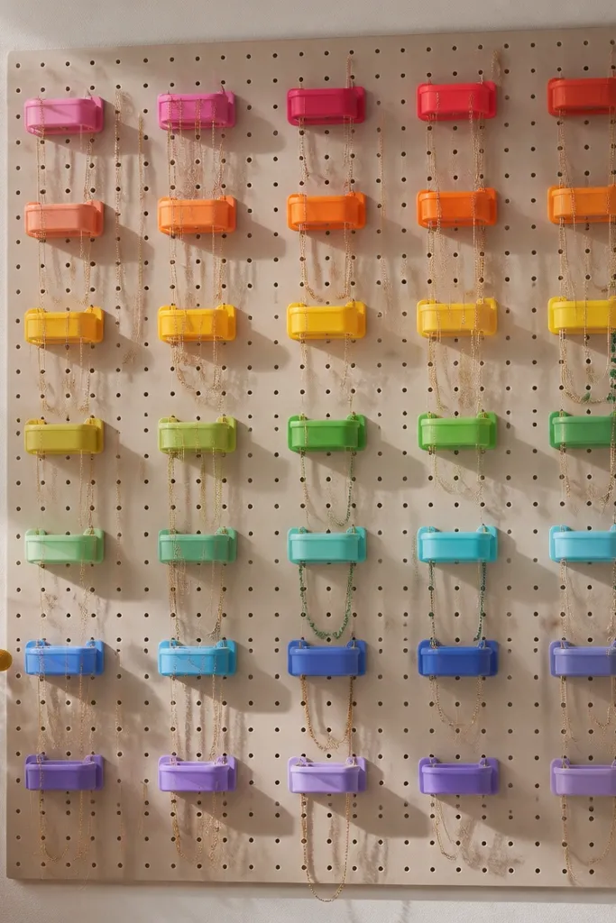 A pegboard panel with colorful spray-painted plastic drawer pulls attached. Each pull holds a necklace, and the colors create a tidy gradient.
