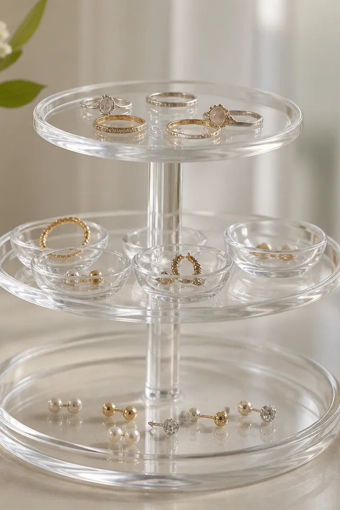 A multi-tier acrylic stand on a vanity. Top tier holds rings, middle has small earring cups, and bottom tier holds a tray for studs.