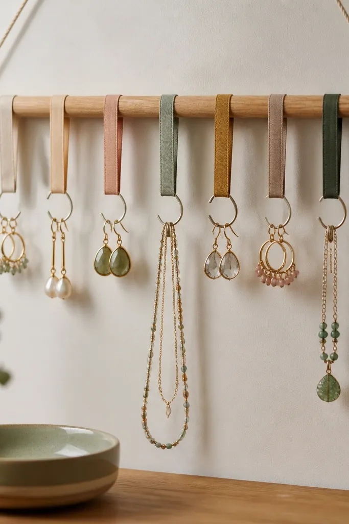 A wooden dowel with several ribbons hanging down. Shower hooks clip to the ribbon loops, holding earrings and a few short necklaces.