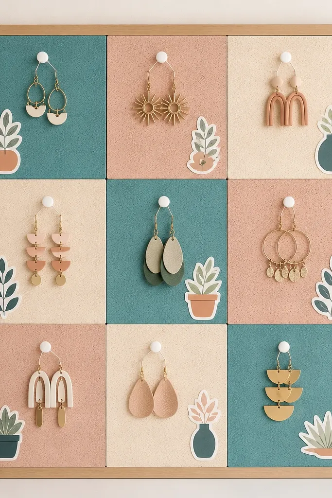 A set of cork tiles arranged on a board in blocks of teal, blush, and cream. Stickers label each tile section, and earrings hang from pushpins.