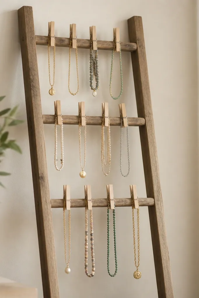 A small wooden ladder leaning against a wall. Clothespins clip onto the rungs, holding necklaces in rows.