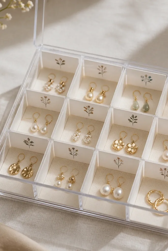 A transparent plastic organizer with removable paper dividers. Each divider has a small printed label, and earrings sit in flat compartments.