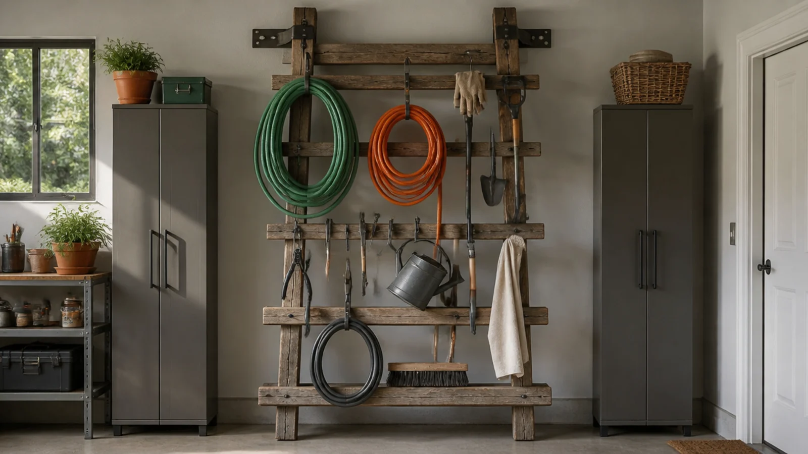 An old wooden ladder leaned and secured against a garage wall with tools and coiled hoses hung from its rungs.