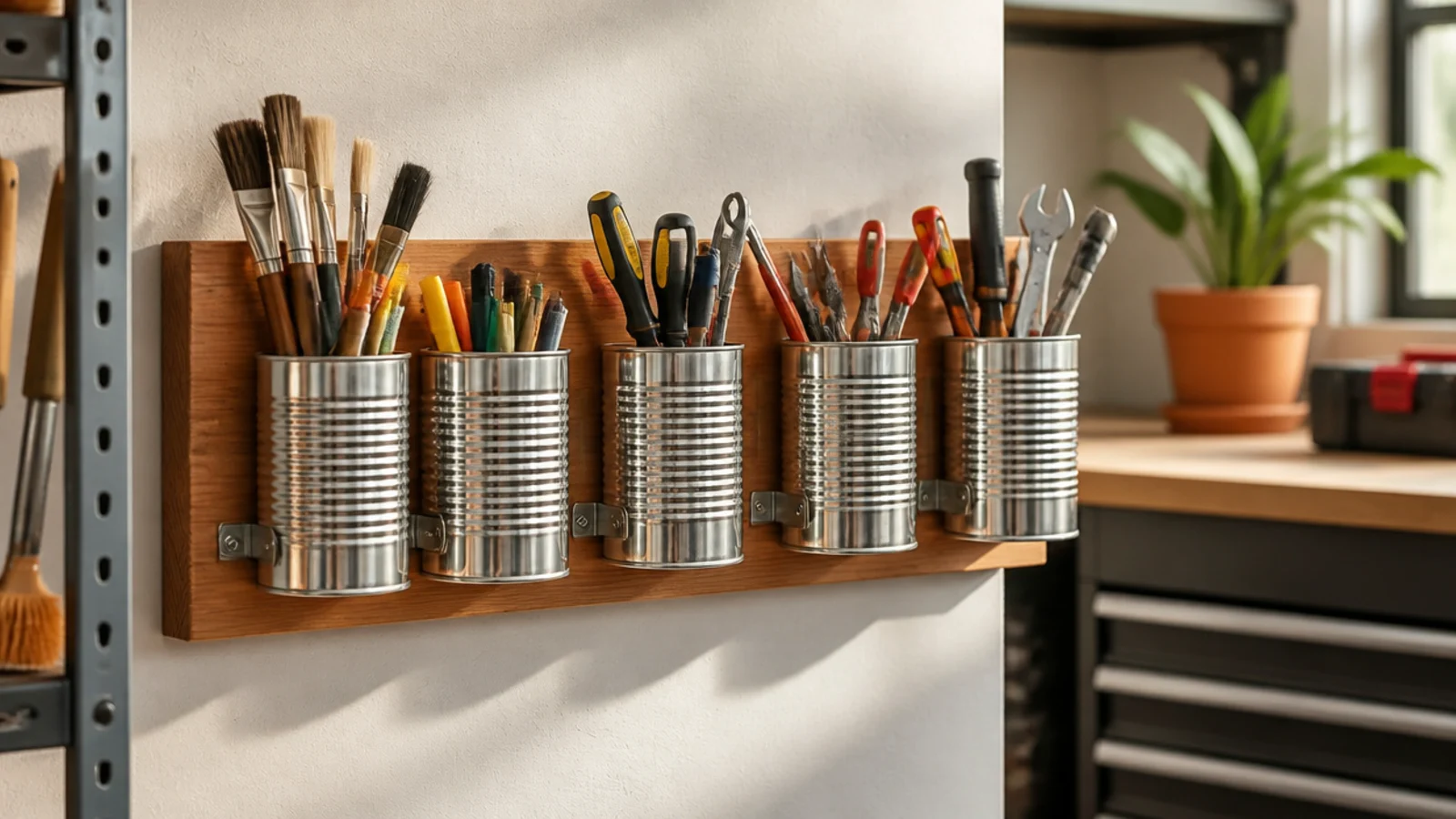 Clean tin cans screwed to a wooden board on a garage wall, each holding brushes, markers, or small tools upright.