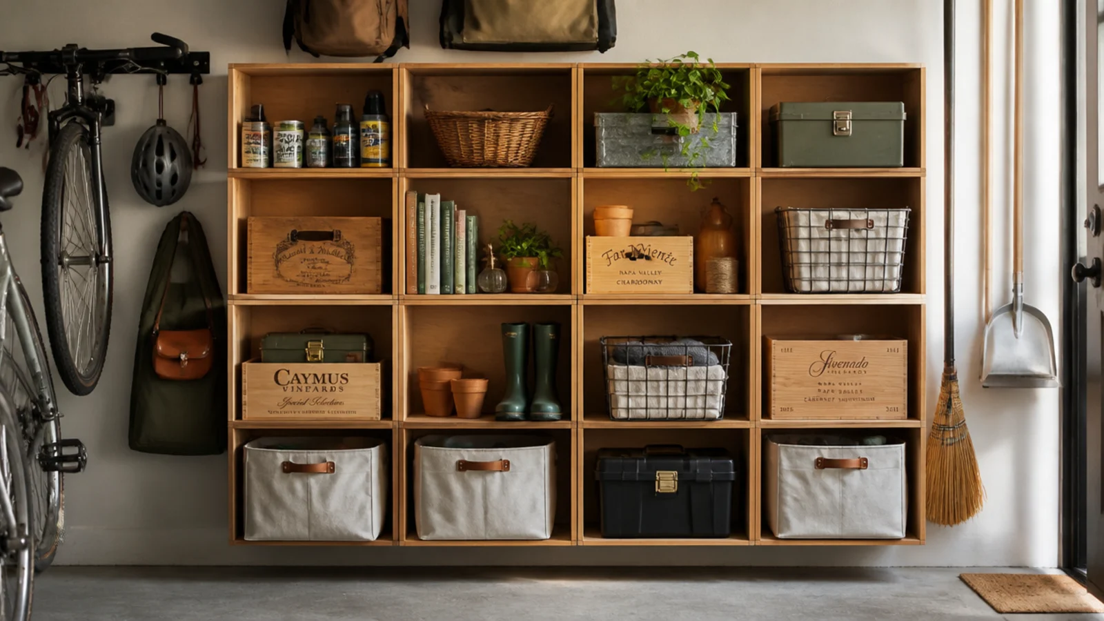 Several wooden wine crates mounted open-side-out on a garage wall as cubby shelves holding supplies and bins.
