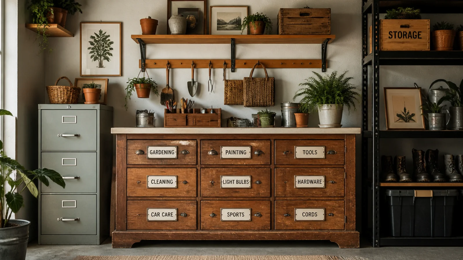 An old wooden dresser in a garage repurposed for storage, drawers labeled by category and the top used as a work surface.