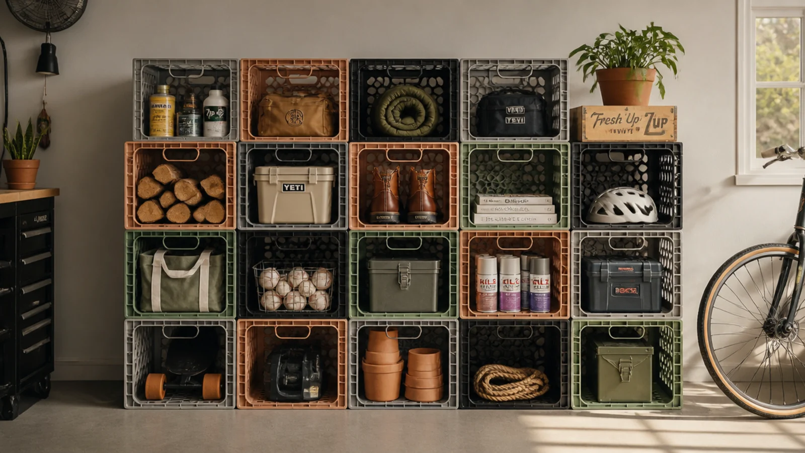 A stack of interlocking milk crates in a garage forming modular cubbies filled with sorted supplies and gear.