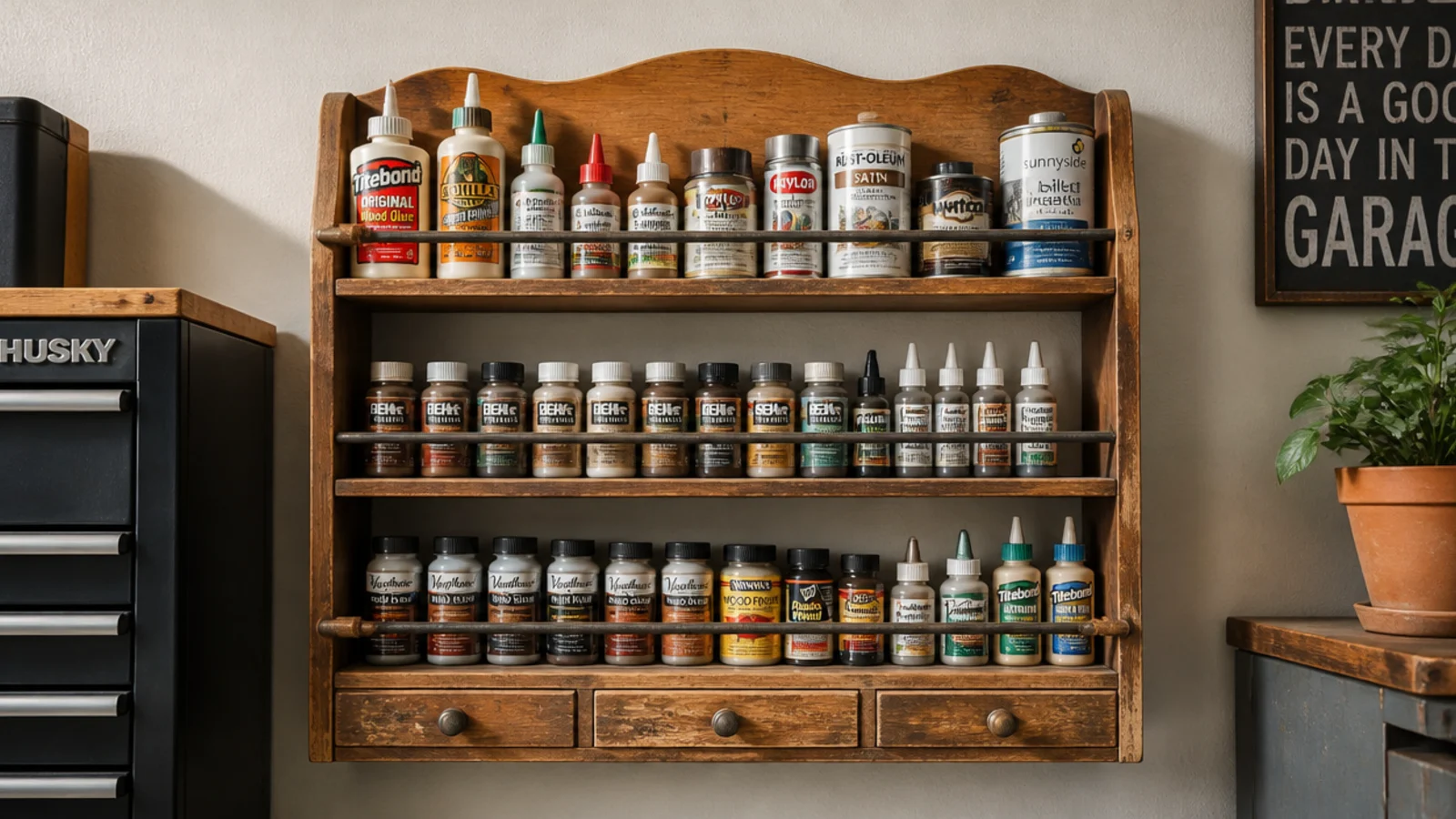 An old kitchen spice rack mounted on a garage wall holding small bottles of glue, oil, and touch-up paint.