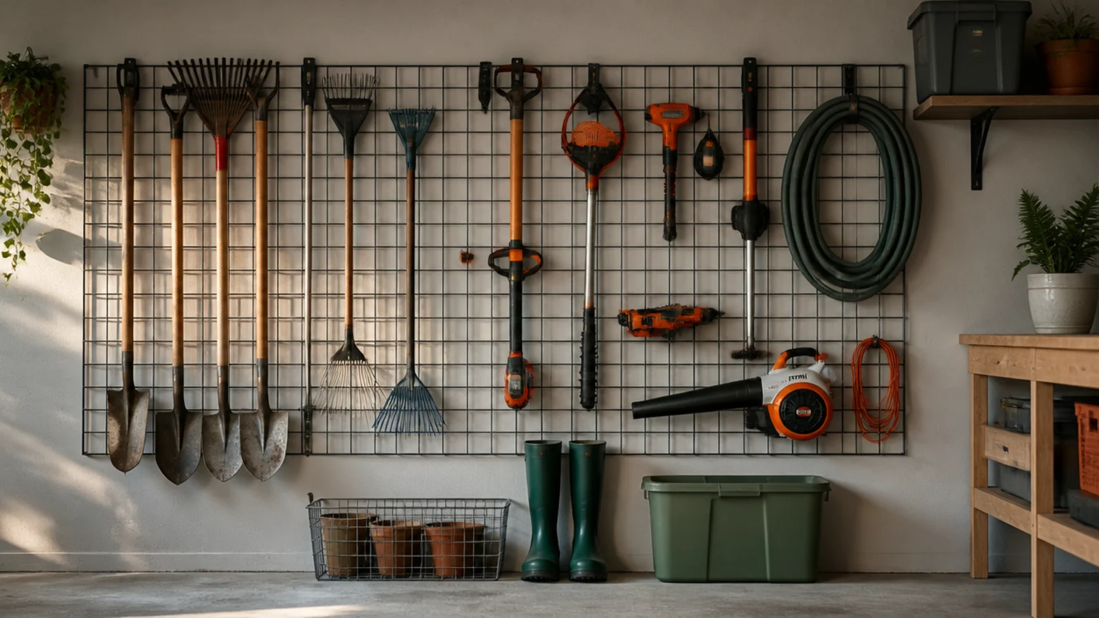 Tools hung on a garage wall by sturdy zip-tie loops threaded through a mounted board or wire grid.