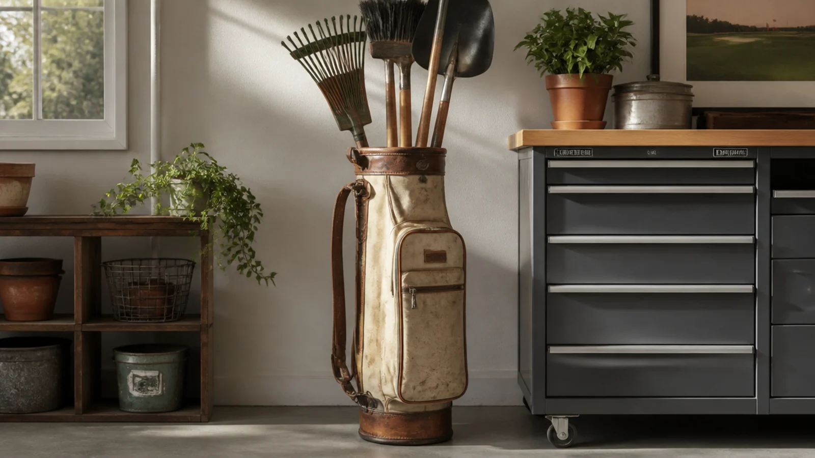 An old golf bag standing in a garage corner holding rakes, shovels, and brooms upright in its club slots.