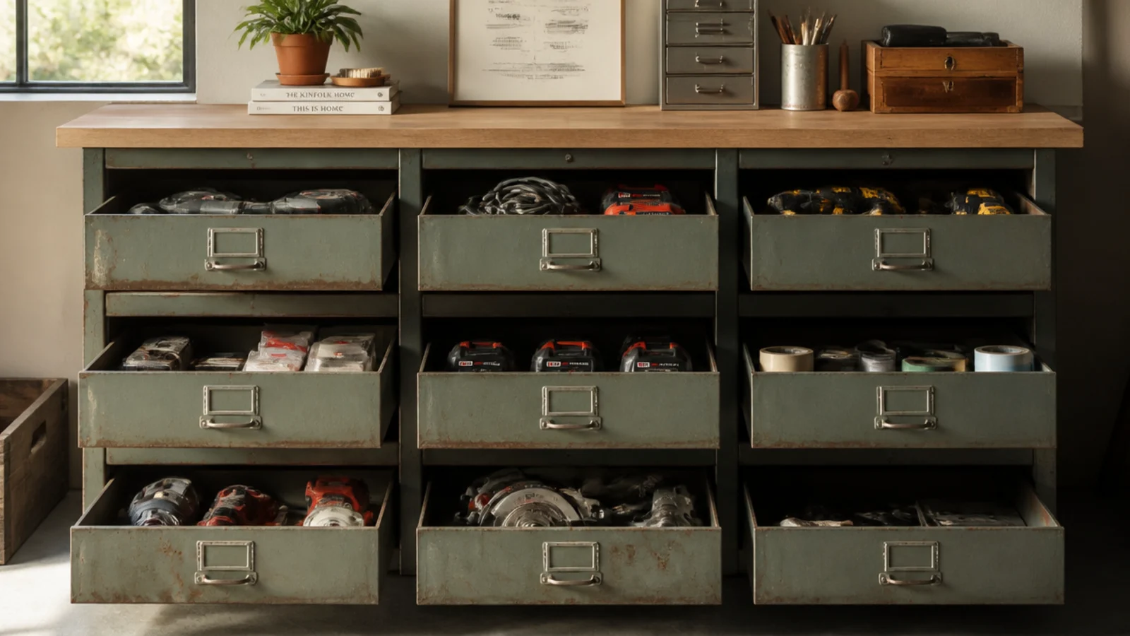 An old metal file cabinet in a garage with deep drawers repurposed to hold power tools and supplies.