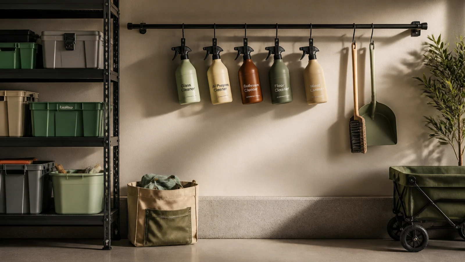 Spray bottles hanging by their trigger handles from shower curtain rings clipped onto a rod in a garage.