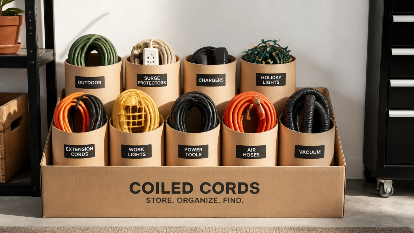 Coiled cords each tucked inside a cardboard tube, the tubes standing in a box in a garage, labeled by cord type.