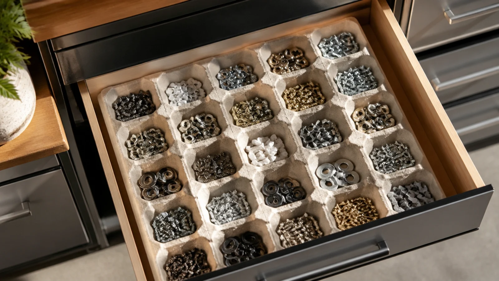 An egg carton in a garage drawer with each cup holding a different type of tiny hardware like screws and washers.