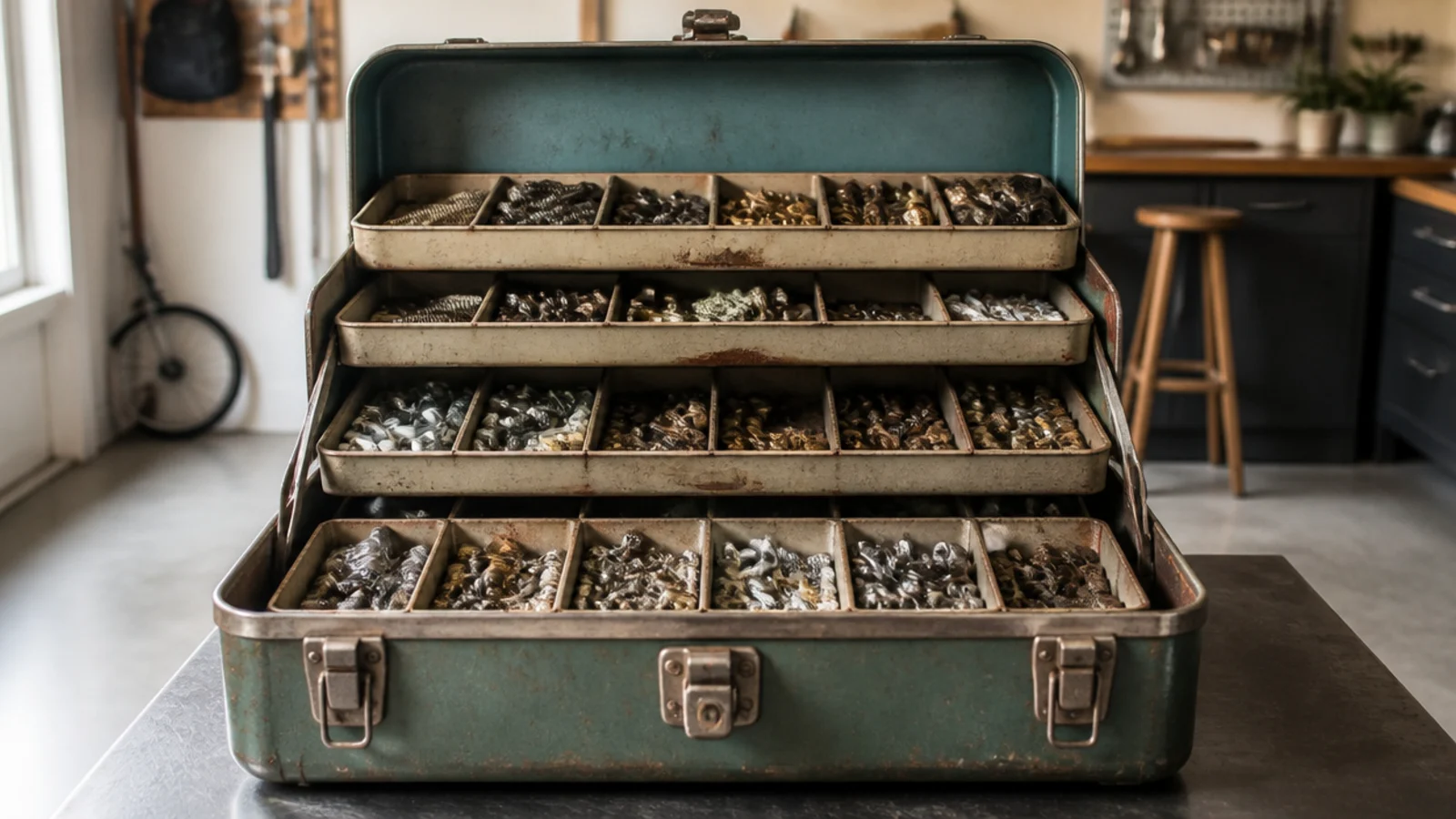 An old tackle box open in a garage, its divided compartments filled with sorted screws, nails, and small fittings.