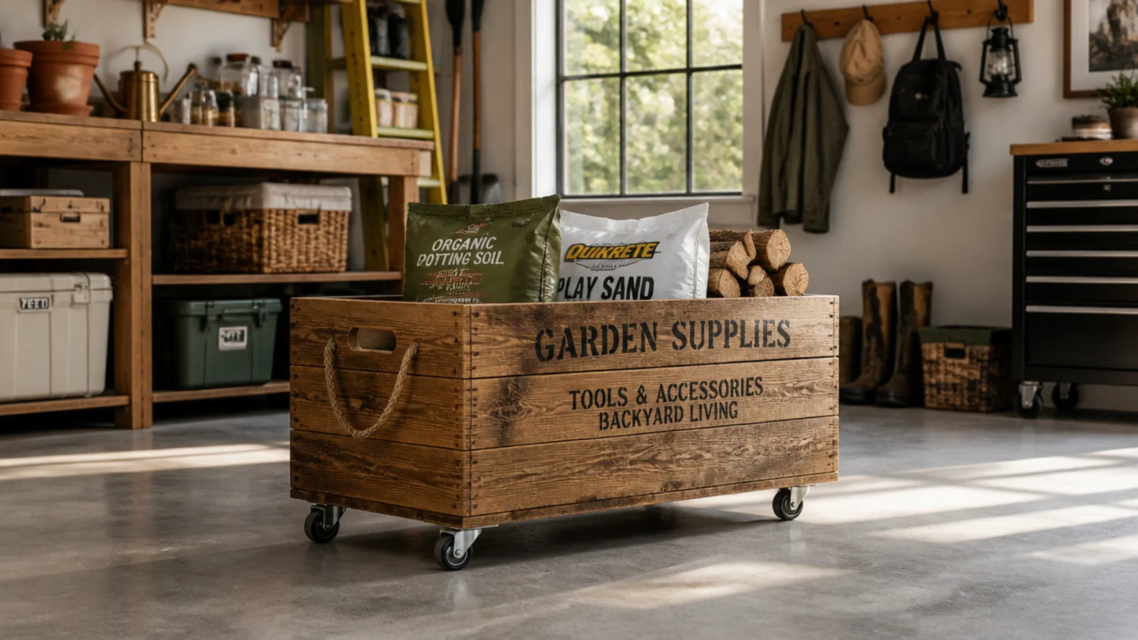 A wooden crate fitted with four caster wheels and a rope handle, rolled out in a garage holding bulky supplies.