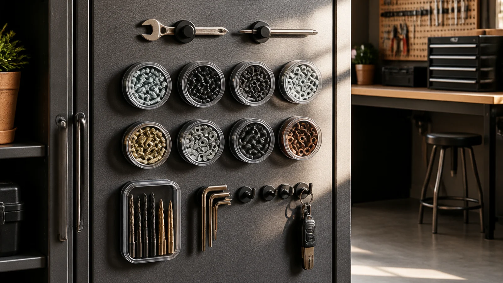 Small magnetic tins stuck to a metal garage surface, clear lids showing sorted small screws and bits inside.