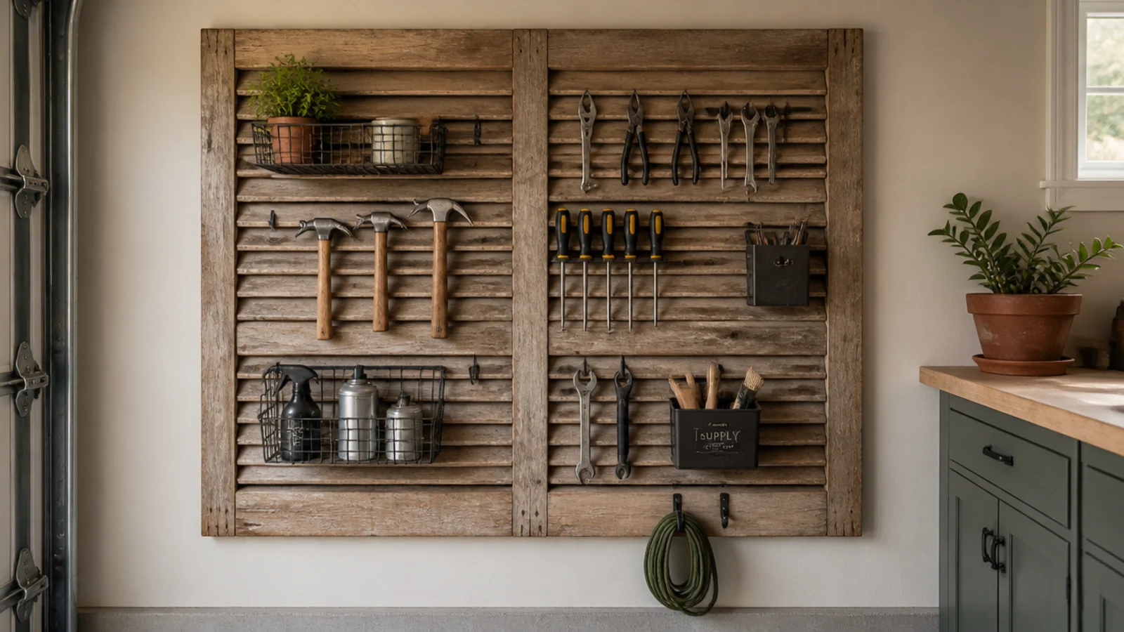 An old louvered wooden shutter mounted on a garage wall with tools and small holders slotted into its slats.