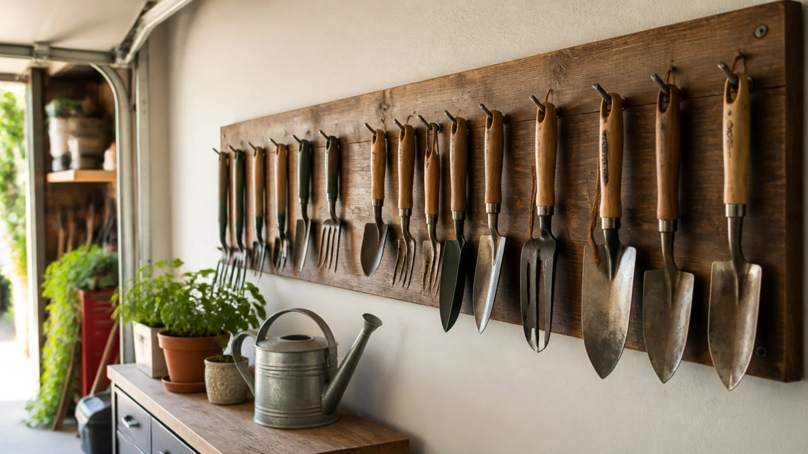 A plain board on a garage wall with large nails or screws driven in at an upward angle holding hand tools by their handles.