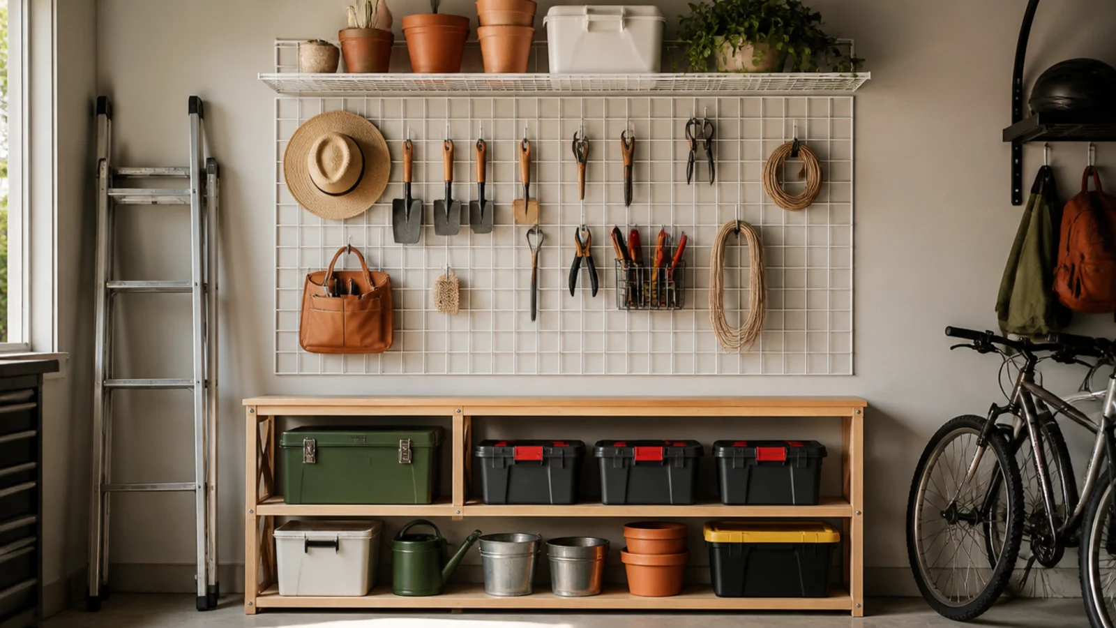 A leftover section of wire closet shelving mounted on a garage wall as a shelf or a hanging grid for tools.