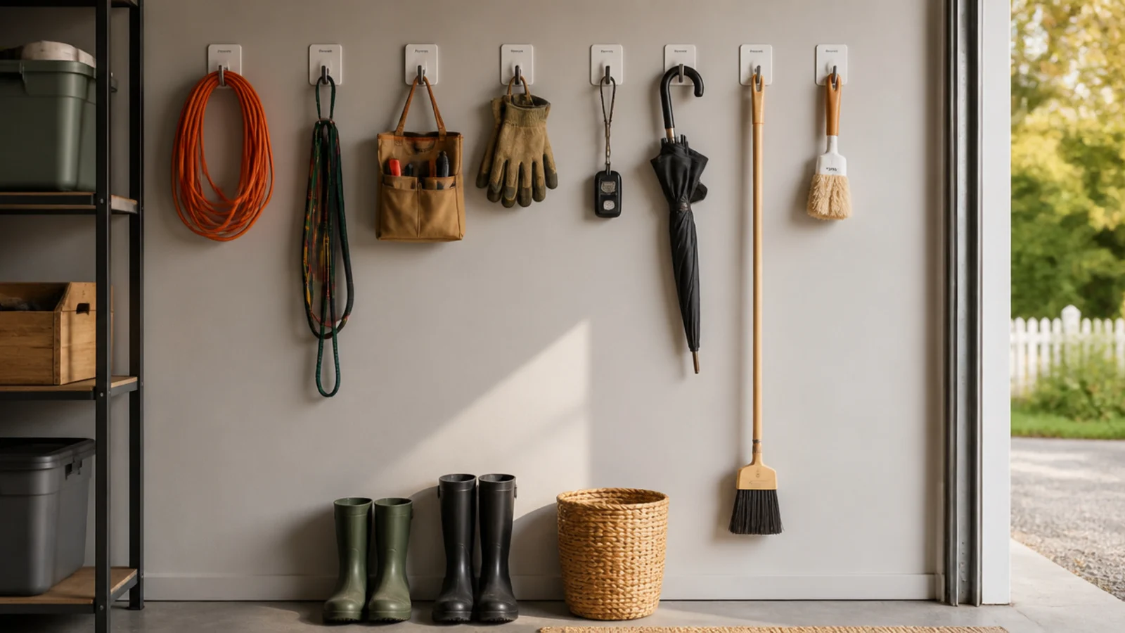A row of adhesive wall hooks in a garage holding light items like cords, gloves, and small tools without any drilling.