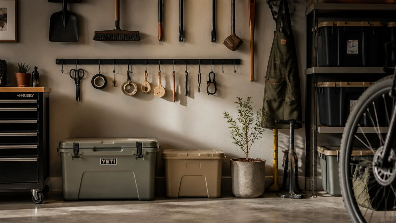 A kitchen utensil rail mounted on a garage wall with S-hooks hanging scissors, tape, and small tools in a row.