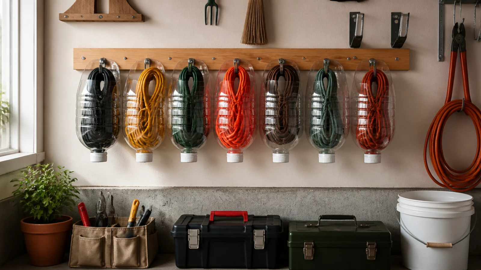 Cut plastic bottles mounted in a garage holding coiled cords, the bottle openings keeping each cord contained.