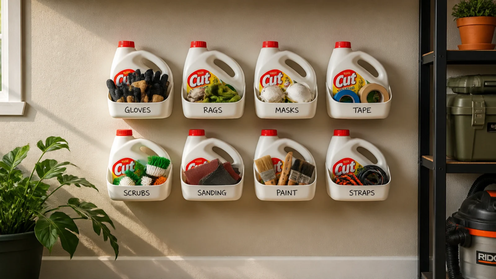 Cut detergent jugs mounted on a garage wall as scoops and open-front holders for gloves, rags, and small supplies.